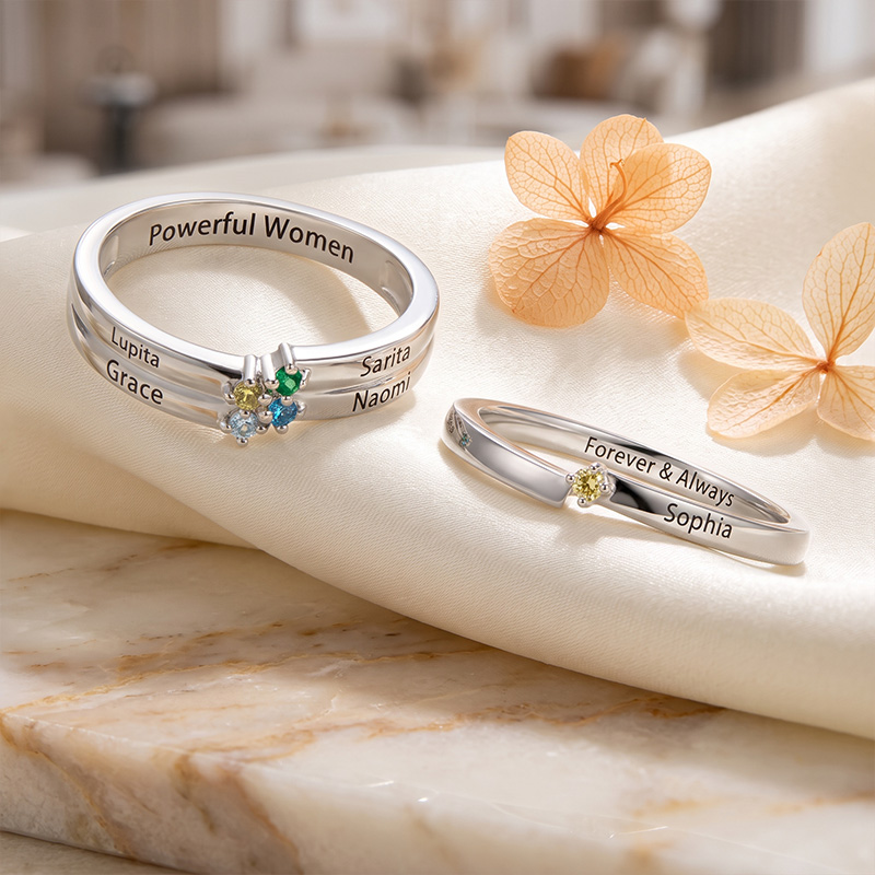 Personalized 1-8 Birthstones Ring with Engraved Name Dainty Women Jewelry Birthday Mother's Day Gift for Mom Grandma