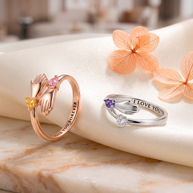 Personalized Dainty Heart Birthstone Hug Ring with Engraved Text Minimalist Jewelry Mother's Day Birthday Gift for Women