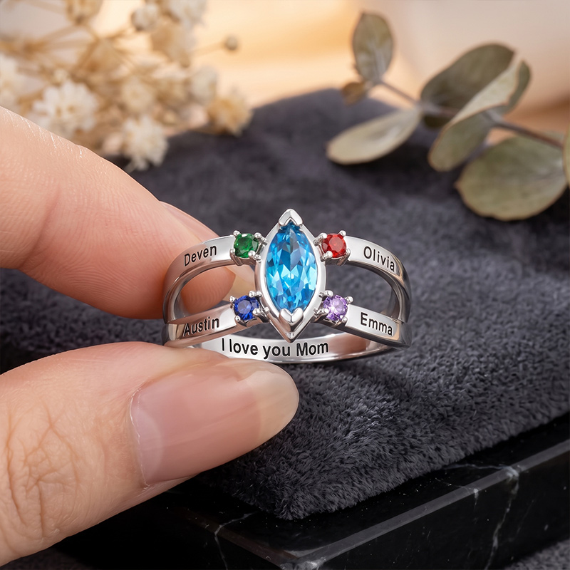 Personalized Dainty Birthstone Ring with Engraved Name Women Jewelry Birthday Mother's Day Gift for Mom Grandma