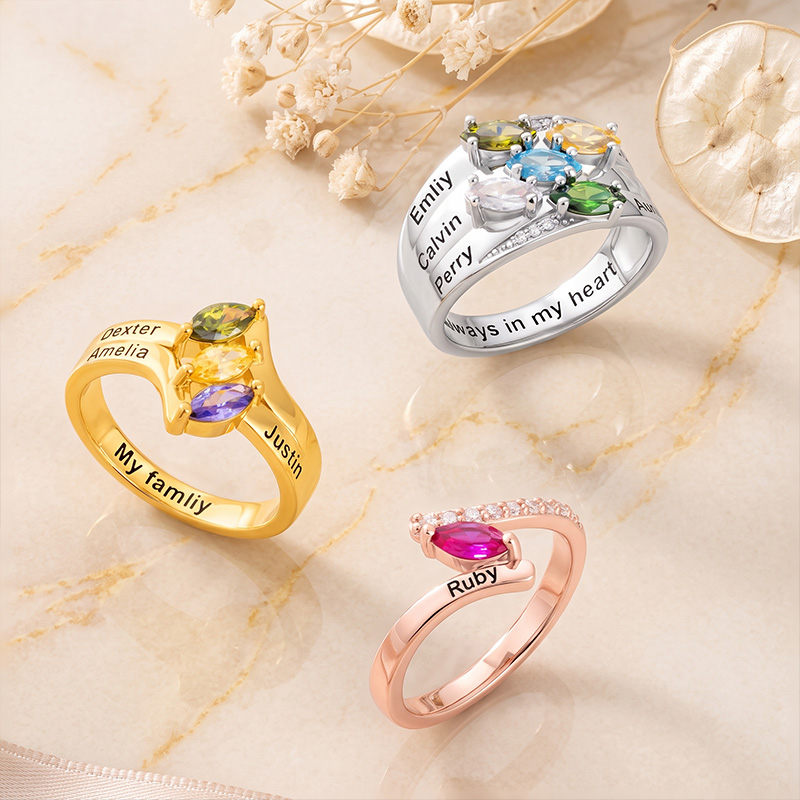 Personalized 1-6 Marquise Family Birthstones Sterling Silver Ring with Engraved Name and Text Birthday Anniversary Gift for Women