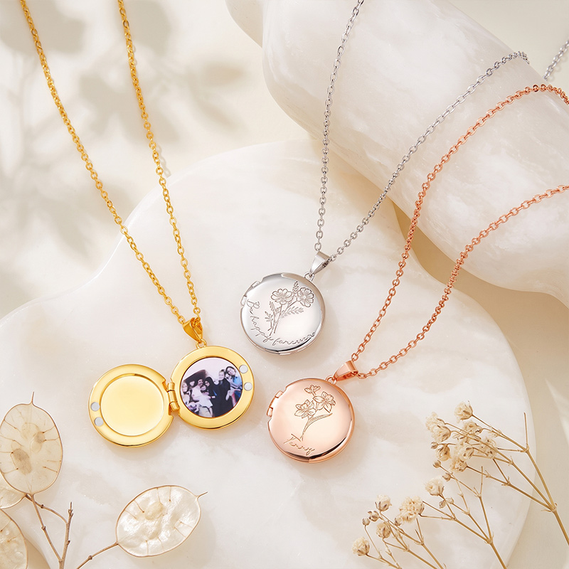 Personalized Birth Flower Photo Locket Necklace with Engraved Name Birthday Anniversary Gift for Women Mom Grandma Gift