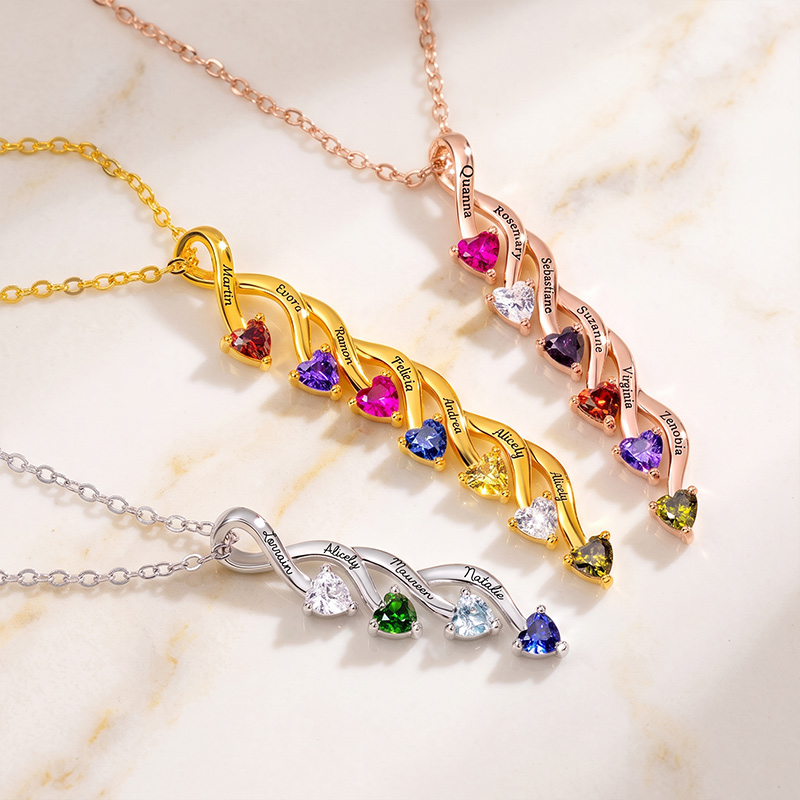 Personalized Minimalist Family 2-8 Heart Shaped Birthstones Necklace with Engraved Names Mother's Day Birthday Gift for Women Mom Grandma