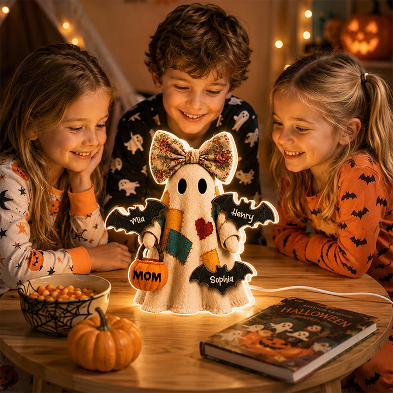 Personalized Cute Ghost Pumpkin 1-8 Bats Acrylic LED Night Light with Name and Title Home Decor Halloween Gift for Infant New Mom