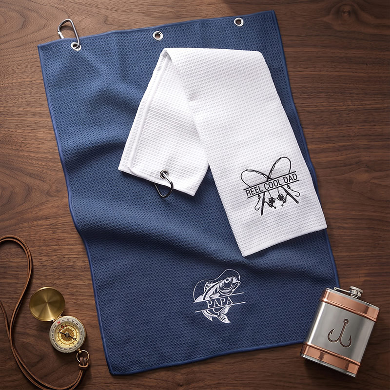 Personalized Dad Fishing Waffle Towel Monogram Embroidery Waffle Towel with Name and Hanging Clip Birthday Gift for Dad Grandpa Fishing Enthusiasts