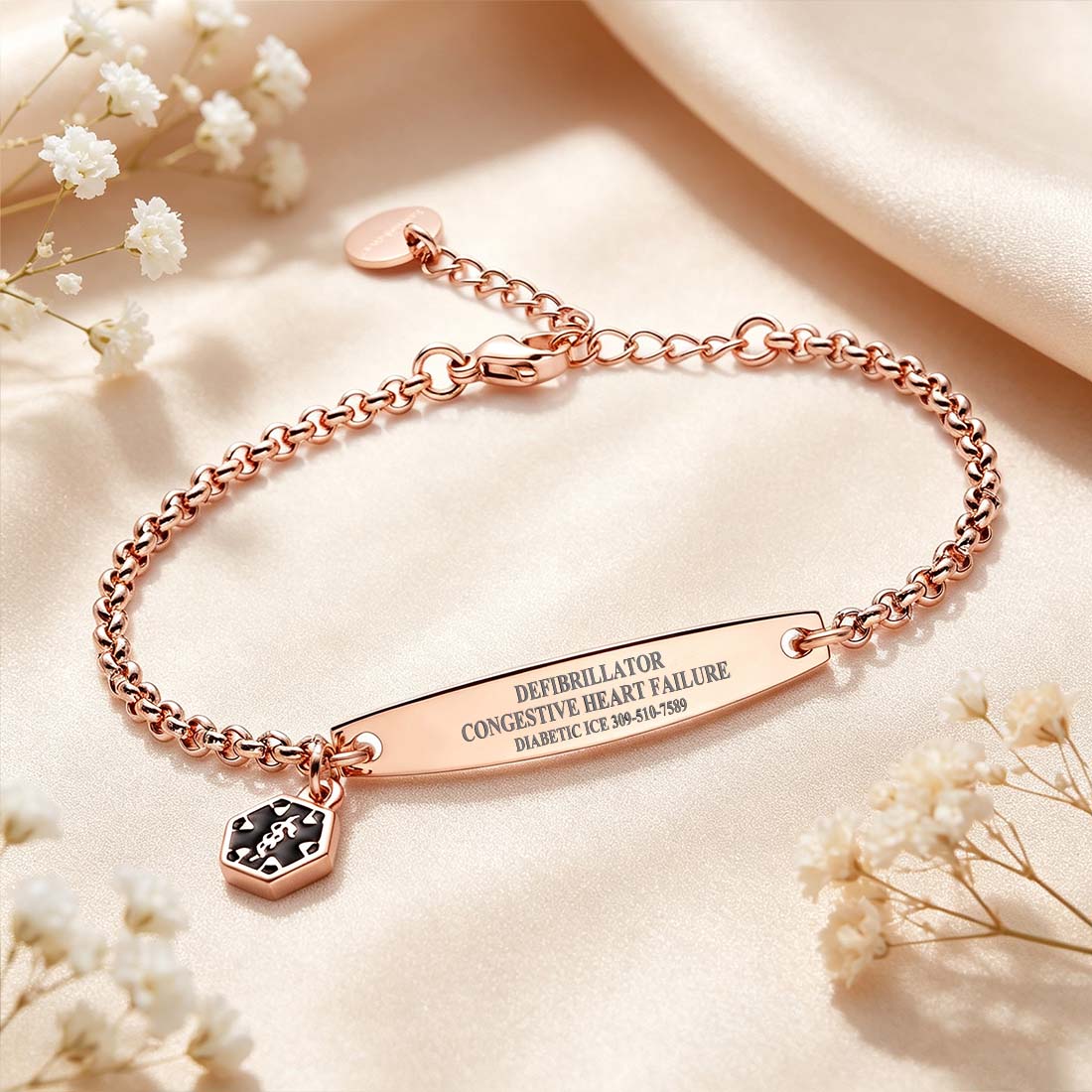 Personalized Star of Life Medical Alert ID Emergency Bracelet with Engraved Text Gift for Breast Cancer Diabetic Women