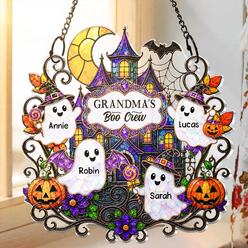 Personalized Halloween Window Hanging Suncatcher Ornament Haunted Family Home Sweet Home Boo Crew Halloween Gift for Grandma Family Halloween Gift