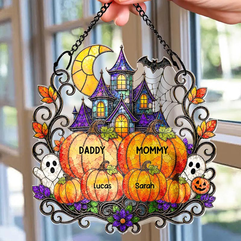 Personalized Halloween Window Hanging Suncatcher Ornament Haunted Family Home Sweet Home Halloween Gift for Grandma
