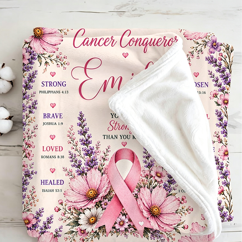 Personalized Cancer Warrior Blanket, Breast Cancer Gift for Women, Chemo Blanket, Christian Cancer Blanket, Pink Ribbon Minky Sherpa Plush