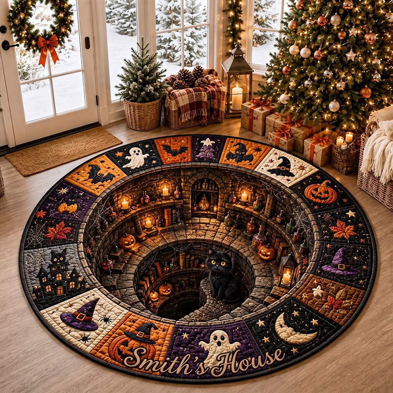 Personalized Family Halloween Round Quilted Rug 3D Witch Dungeon Illusion Rug Black Cat Halloween Rug Spooky Witchy Floor Mat Halloween Home Decor