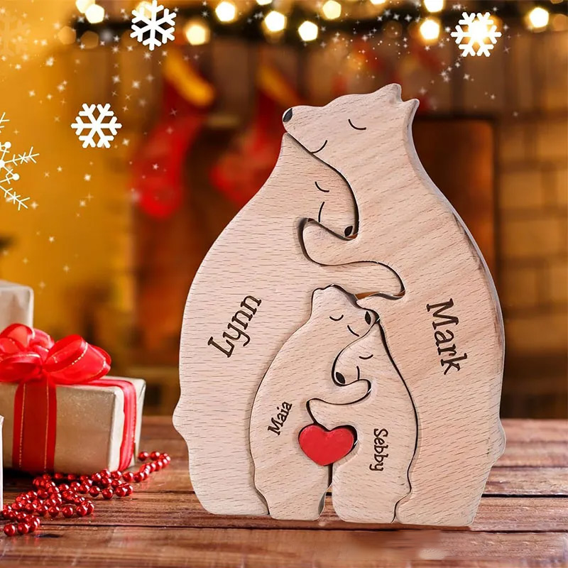 Personalized Carved Wooden Bear Family Jigsaw Puzzle, Wood Bear Figurines, Hugging Bear Family Keepsake Gift for Parents, Christmas Bear Decor