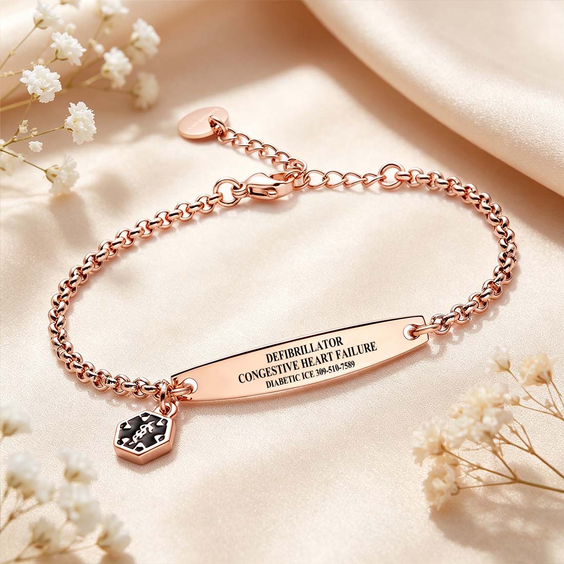 Personalized Star of Life Medical Alert ID Emergency Bracelet with Engraved Text Gift for Breast Cancer Diabetic Women
