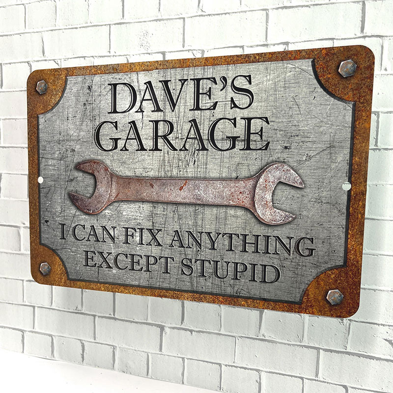 Personalized Workshop Sign Custom Garage Sign, Can't Fix Stupid Rust and Steel Design Birthday Gift for Dad Grandpa