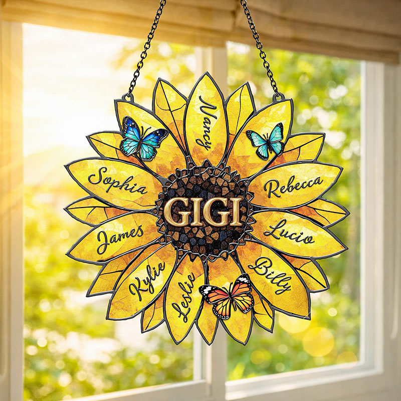 Personalized Sunflower Suncatcher Custom Family Names Stained Acrylic Window Art Gift for Mom Grandma Family