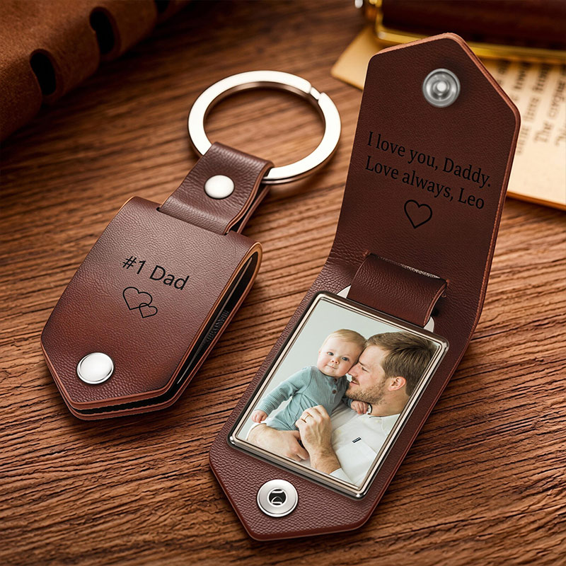 Personalized Engraved Leather Keychain with Photo Custom Daddy Keyring Drive Safe Gift for Dad Fathers Day Gift from Kids Anniversary Gift
