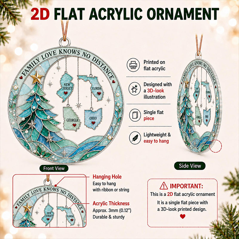 Personalized Long Distance Family Christmas Ornament Custom State Ornament Family Love Knows No Distance 2D Flat Keepsake