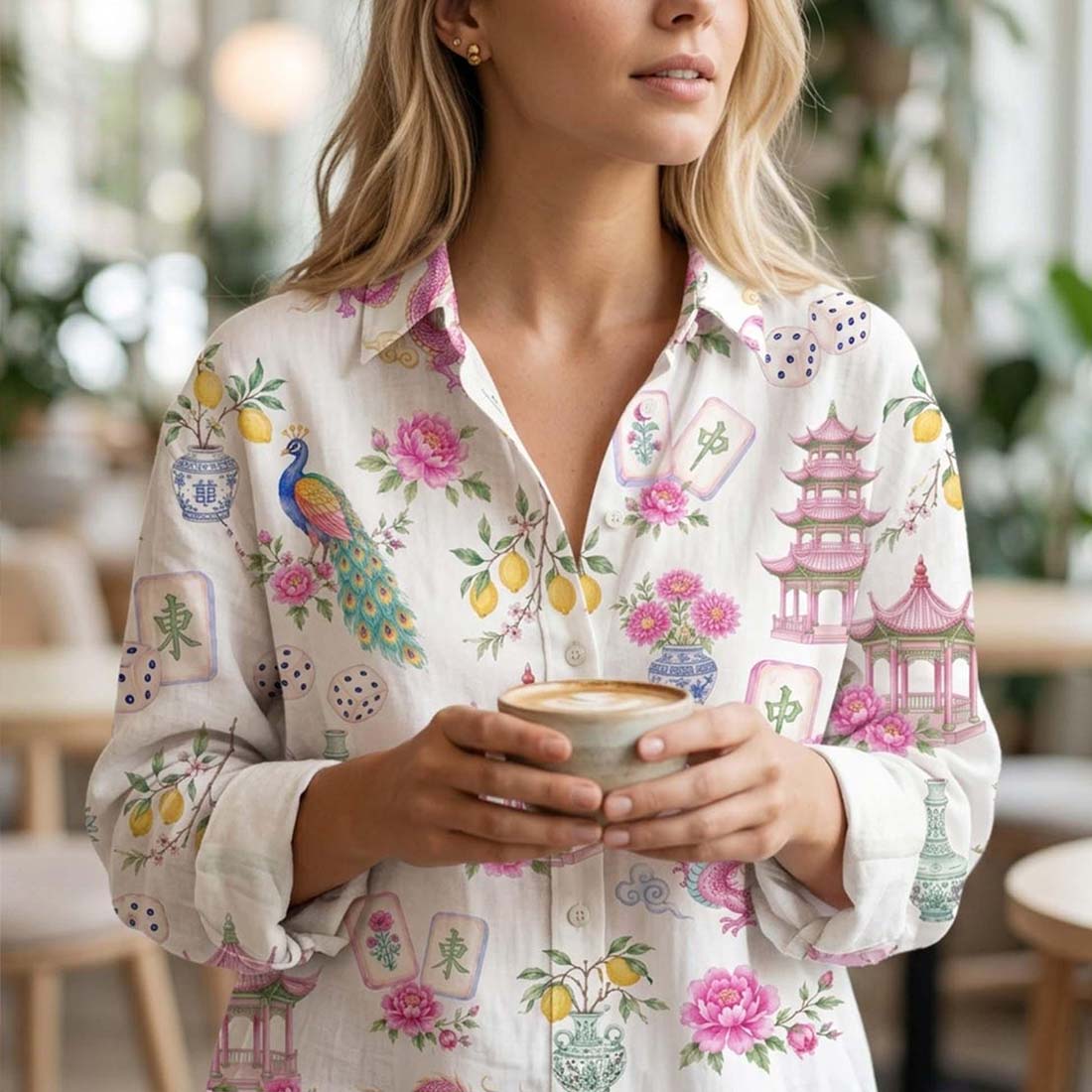Retro Mahjong Women Blouse Shirt Chinoiserie Pattern Button Down Asian Art Long Sleeve Shirt