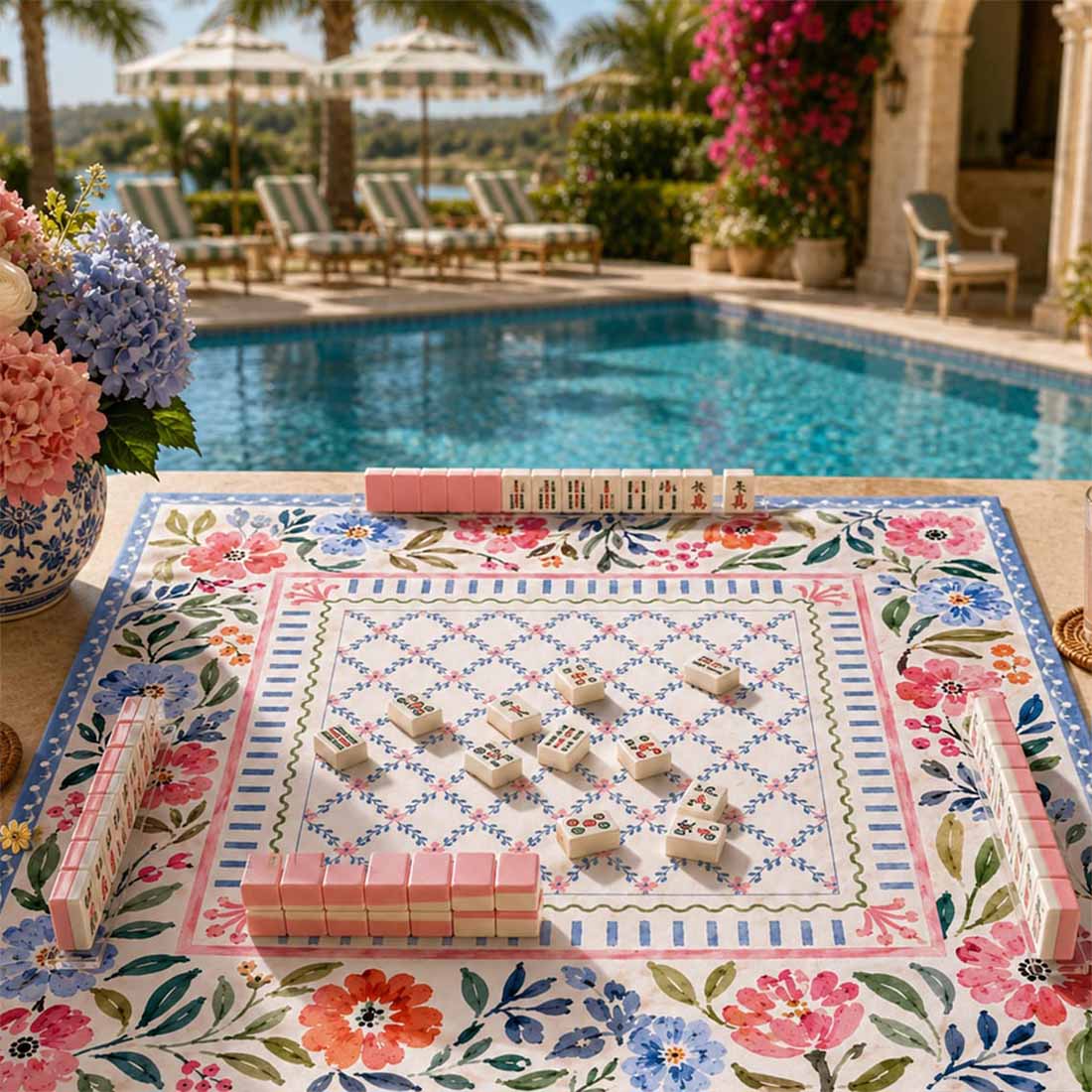 Watercolor Floral Garden Mahjong Mat American Mahjong Mat Blue Pink Botanical Lattice Preppy Grandmillennial