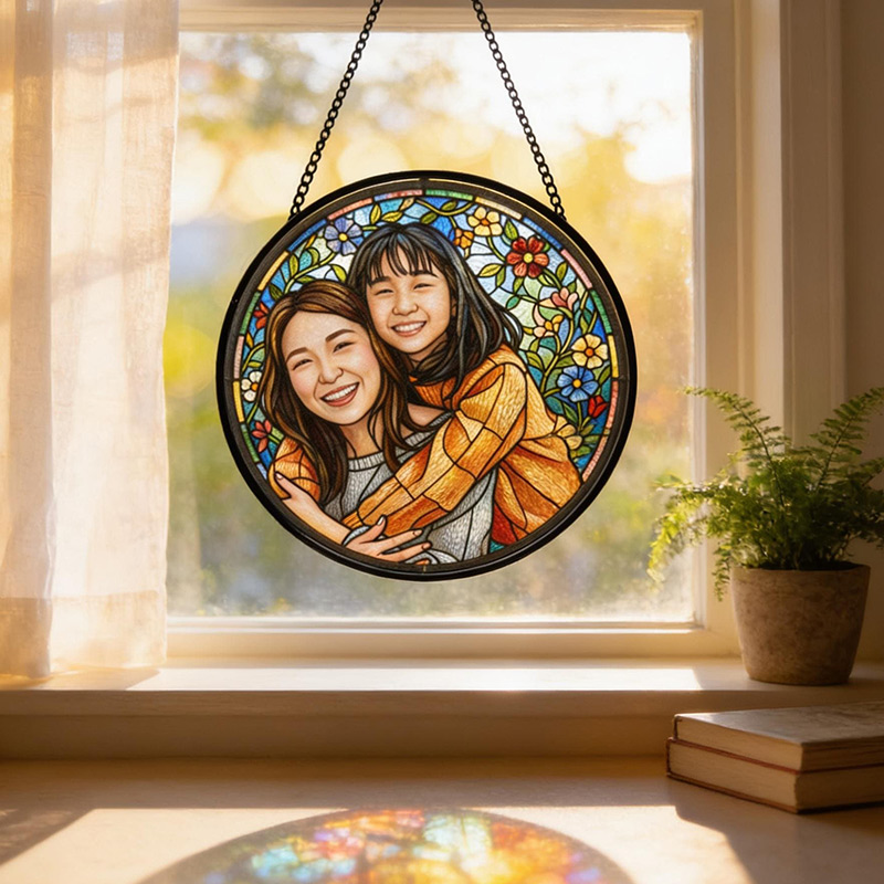 Persnalized Sun Catcher Mom Daughter Gift Custom Floral Stained Glass Portrait Photo Window Art