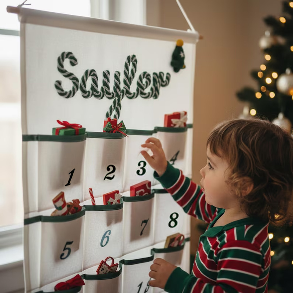 Personalized Handmade Name Yarn Name Christmas Hanging Advent Calendar Family Tradition Reusable Christmas Advent Calendar with 24 Large Pockets