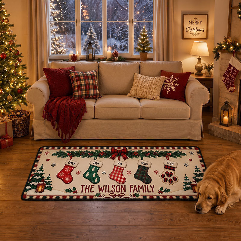 Personalized Christmas Family Runner Rug Custom Holiday Hallway Carpet Christmas Rug Stocking Rug Christmas Home Decor