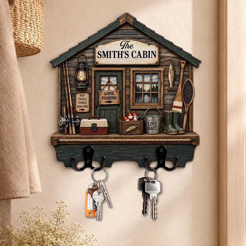 Personalized Fishing Cabin Key Holder for Dad Grandpa Gone Fishing Wall Key Rack 2D Rustic Lake House Decor Fisherman Gift Custom Cabin Sign