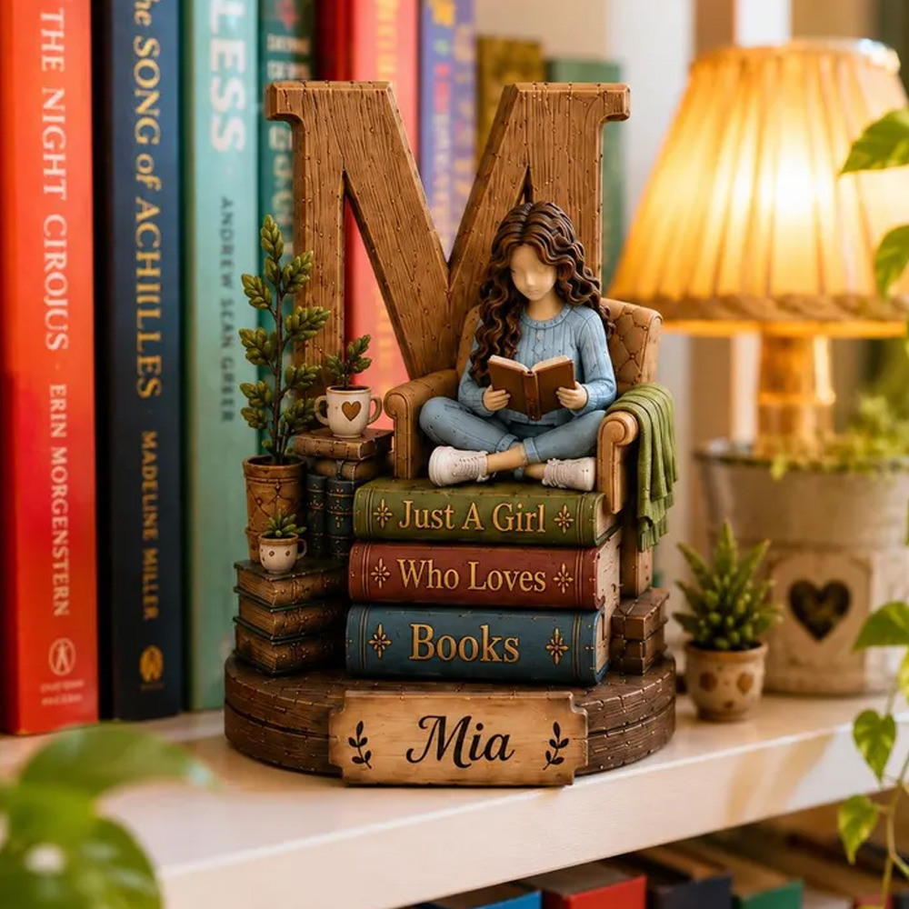 Personalized Book Lover Letter Decor Girl Reading On Chair Custom Name Initial Monogram Gift For Readers Bedroom Desk Shelf Home Ornament