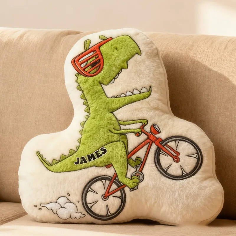 Personalized Dino Rider Bike Pillow Cozy Graphic 3D Print Cool Biker Dino Pillow Name Pillow Comfortable Travel Cushion for Kids Boys Riding Lovers