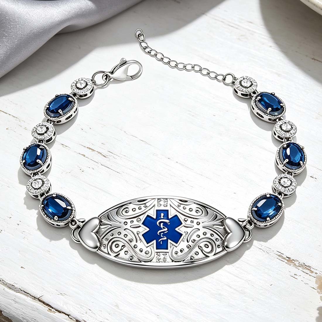 Silver Personalized Star of Life Medical Alert ID Emergency Multi-Layer Bracelet with Engraved Text Gift for Allergy Diabetic Women