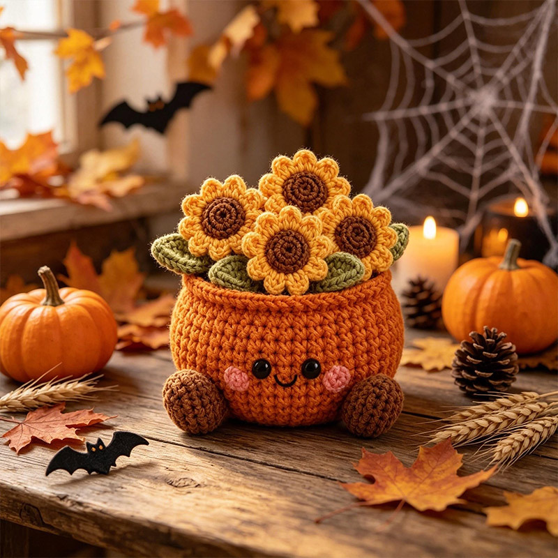 Personalized Handmade Crochet Pumpkin Flower Pot Cute Fall Desk & Tiered Tray Decor Halloween and Harvest Festival Gift for Coworker Friend Family
