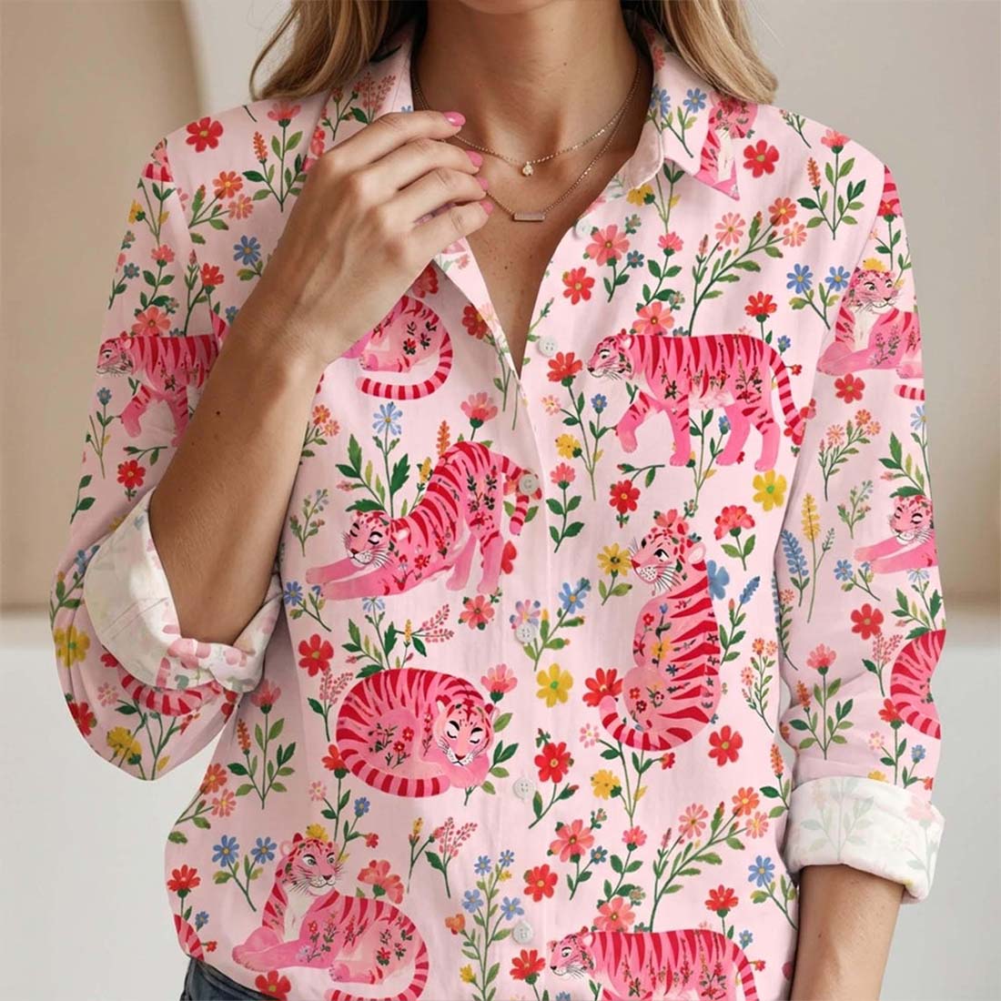 Preppy Chinoiserie Tiger Mahjong Blouse Shirt Tiger Floral Women Shirt Tropical Game Night Blouse