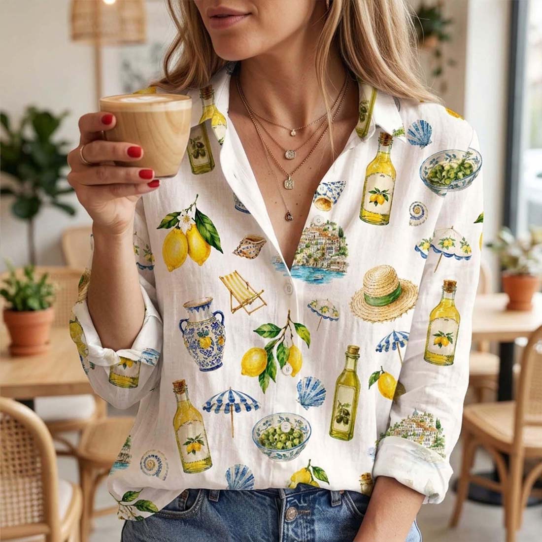Italian Lemon Olive Women Blouse Shirt Italian Summer Lemon Button Down Shirt Italy Vacation Trip Shirt
