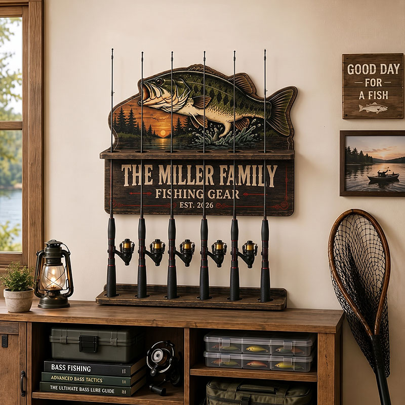 Personalized Bass Fishing Rod Holder Fishing Pole Rack Custom Fishing Gear Organizer Fisherman Gift for Dad Garage Cabin Wall Storage