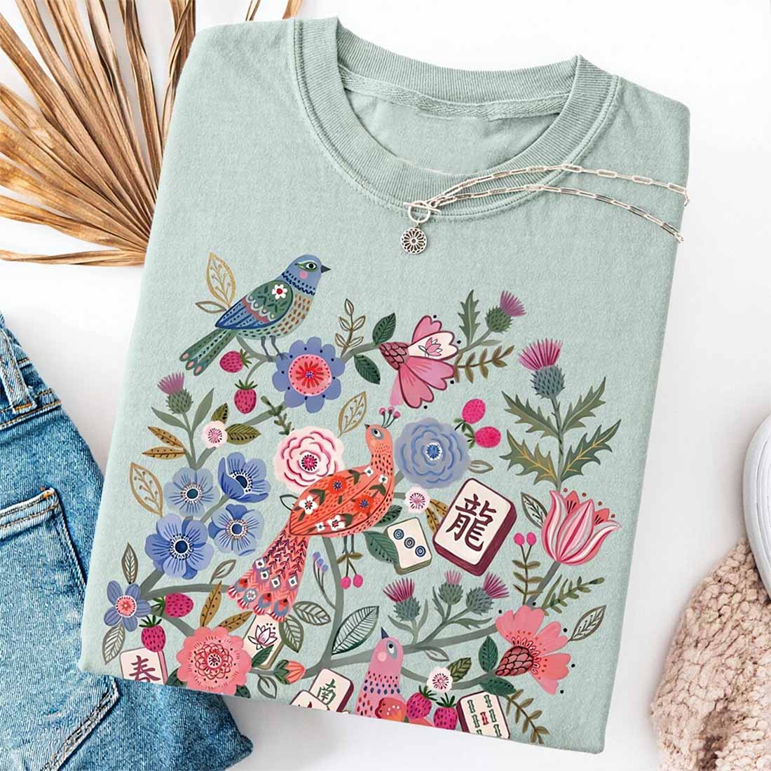 Floral Mahjong Shirt Boho Hidden Tile Tee Crack Dot Bam subtle Tiles Mahj Crew Group Shirt