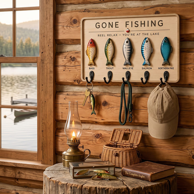 Personalized Family Fishing Key Holder Fish Key Rack Fisherman Gift Lake House Wall Decor Gone Fishing Key Organizer