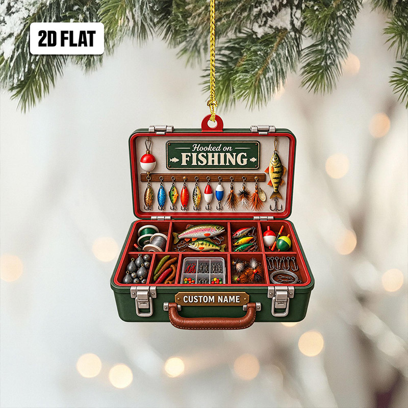 Personalized Fishing Tackle Box 2D Flat Ornament, Custom Name Christmas Ornament for Dad Fisherman Ornament Fishing Dad Ornament Gifts for Him
