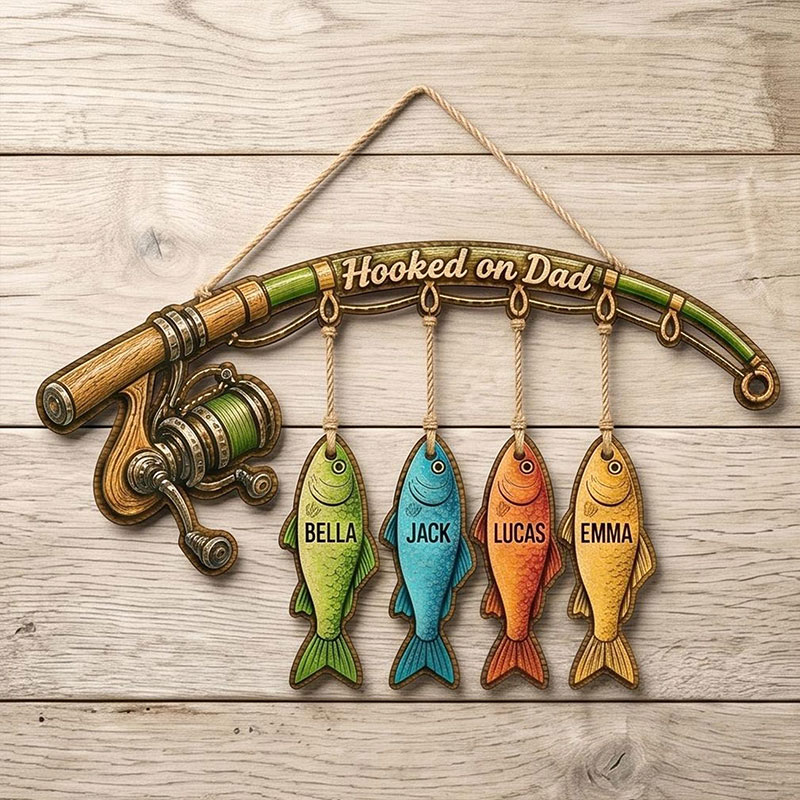 Personalized Fishing Wooden Door Sign Hooked On Dad Custom Fish Hanging Rustic Fisherman Family Decor