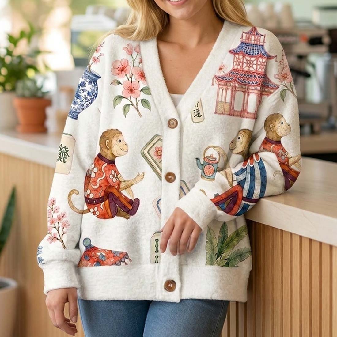 Preppy Chinoiserie Mahjong Women Light Knit Unisex Cardigan Sweaters Lucky Monkey Pink Pagoda