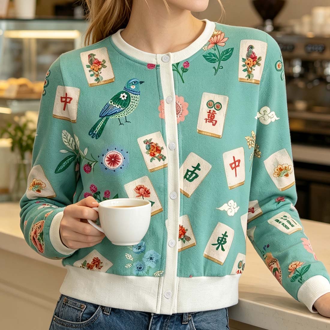 Retro Mahjong Women Crew Neck Cardigan Sweaters Chinoiserie Pattern Asian Art Short