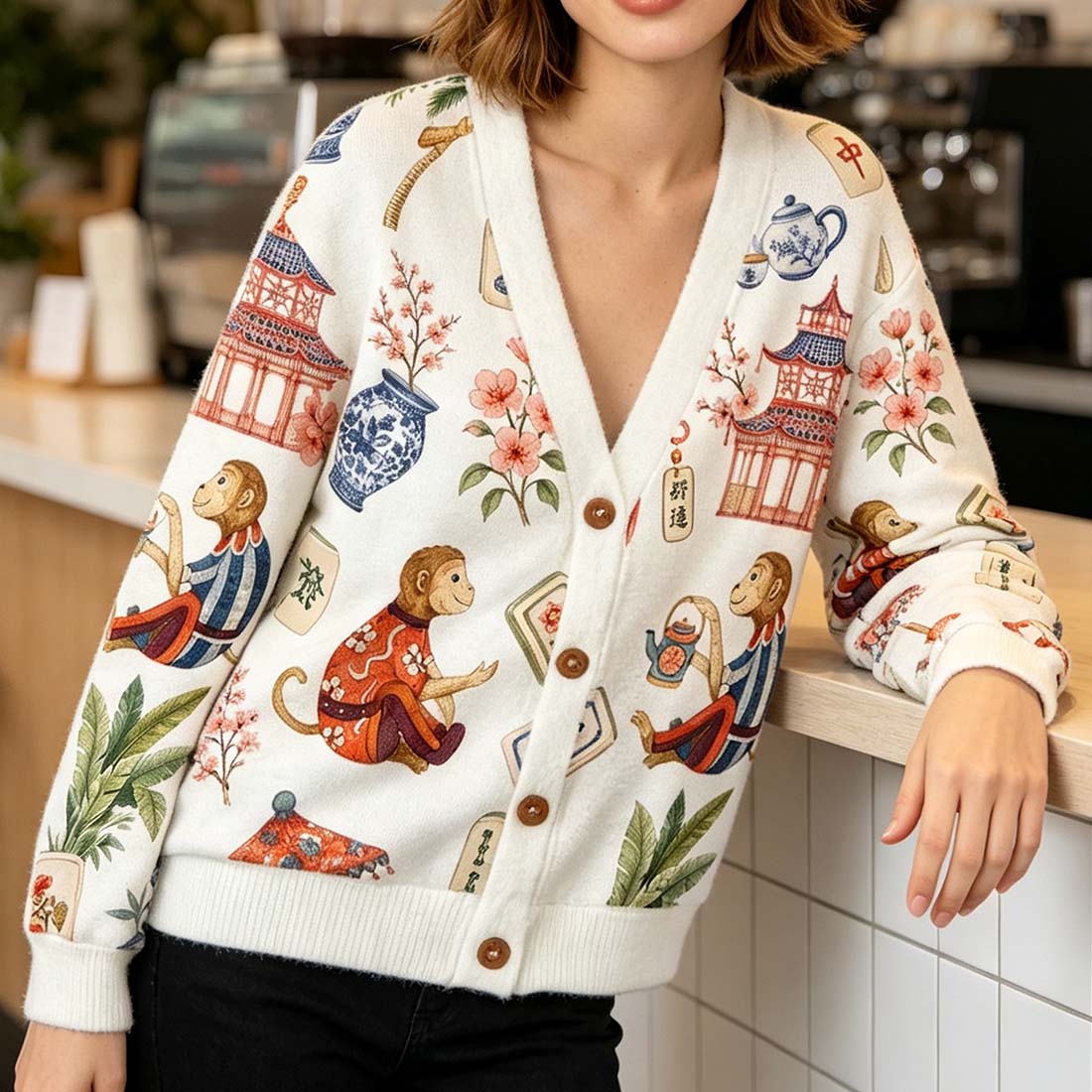 Preppy Chinoiserie Mahjong Women Light Knit Unisex Cardigan Sweaters Lucky Monkey Pink Pagoda