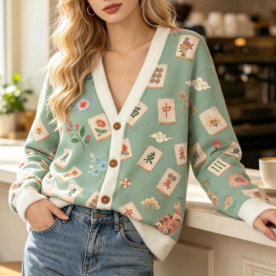 Retro Mahjong Women Light Knit Unisex Cardigan Sweaters Chinoiserie Pattern Asian Art Short