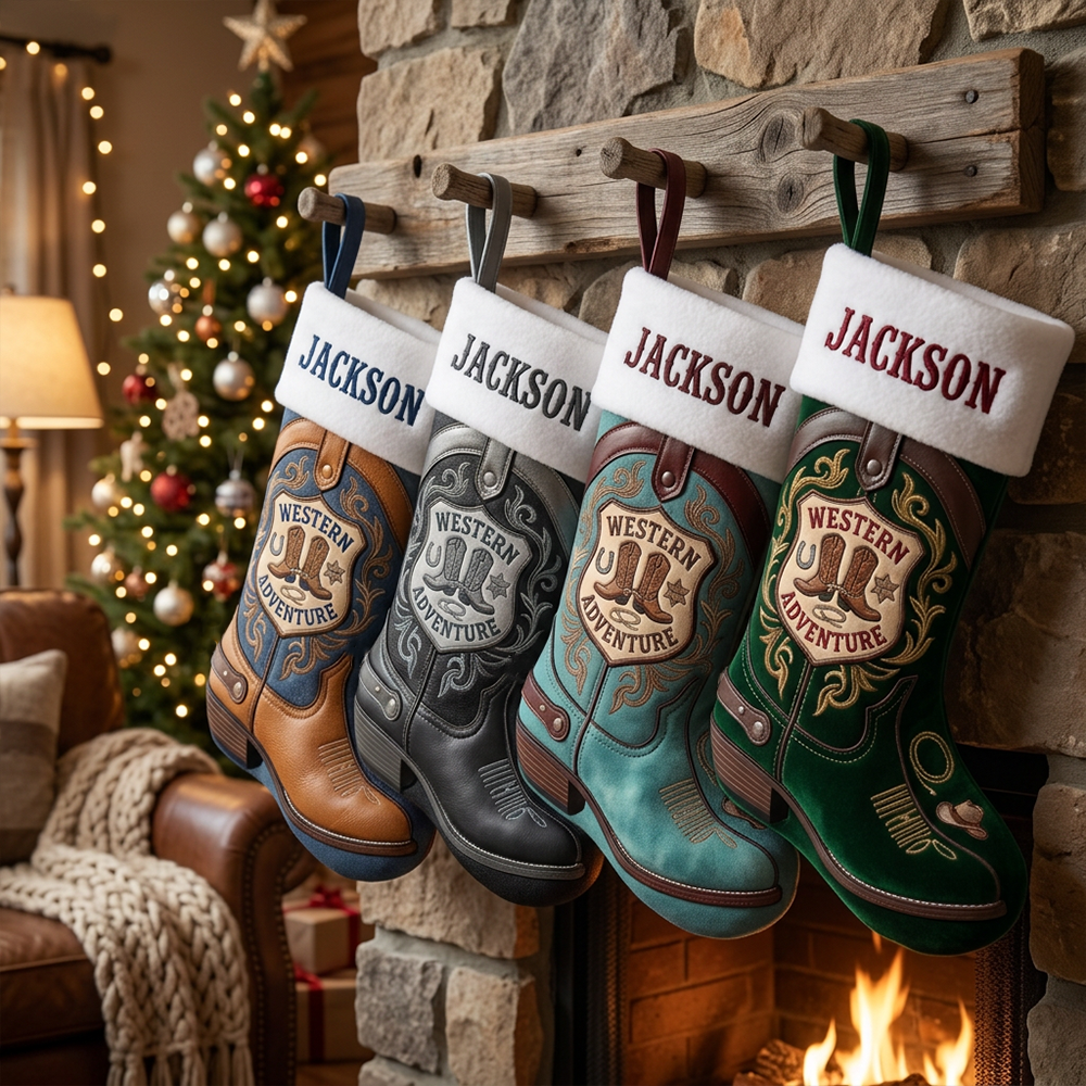 Personalized Western Boot Christmas Stocking Custom Cowboy Name Holiday Stocking Rustic Country Farmhouse Decor For Kids Adults Xmas Gift