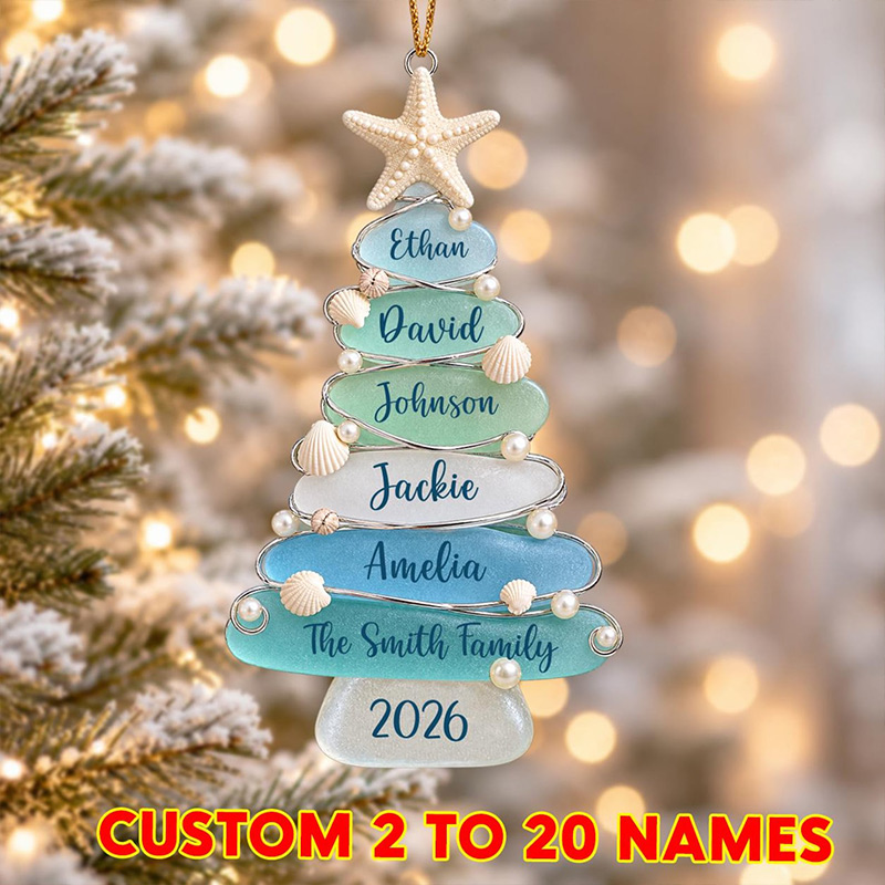 Personalized 2D Sea Glass Tree Family Ornament Coastal Christmas Keepsake Beach Holiday Decor Custom Family Names Gift Ornament