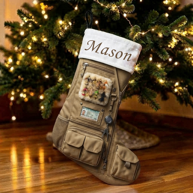 Personalized Fly Fishing Vest Christmas Stocking, Custom Name Fishing Tackle Print Xmas Stocking with White Sherpa Cuff, Lake House Christmas Decor Gift for Fisherman Angler