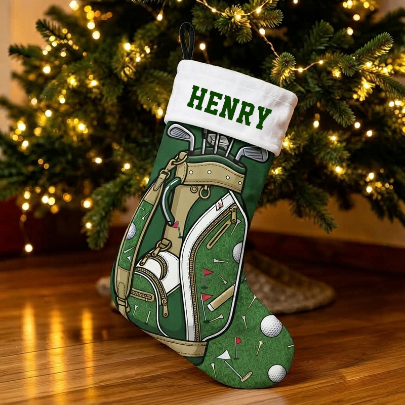 Personalized Golf Bag Christmas Stocking, Custom Name Golf Club Print Xmas Stocking with White Sherpa Cuff, Golf Lover Christmas Hanging Decor Gift for Golfer Dad