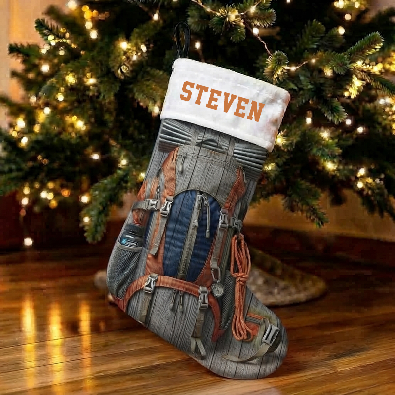 Personalized Hiking Backpack Christmas Stocking, Custom Name Outdoor Camping Rucksack Print Xmas Stocking with White Sherpa Cuff, Adventure Christmas Decor Gift for Hiker Camper