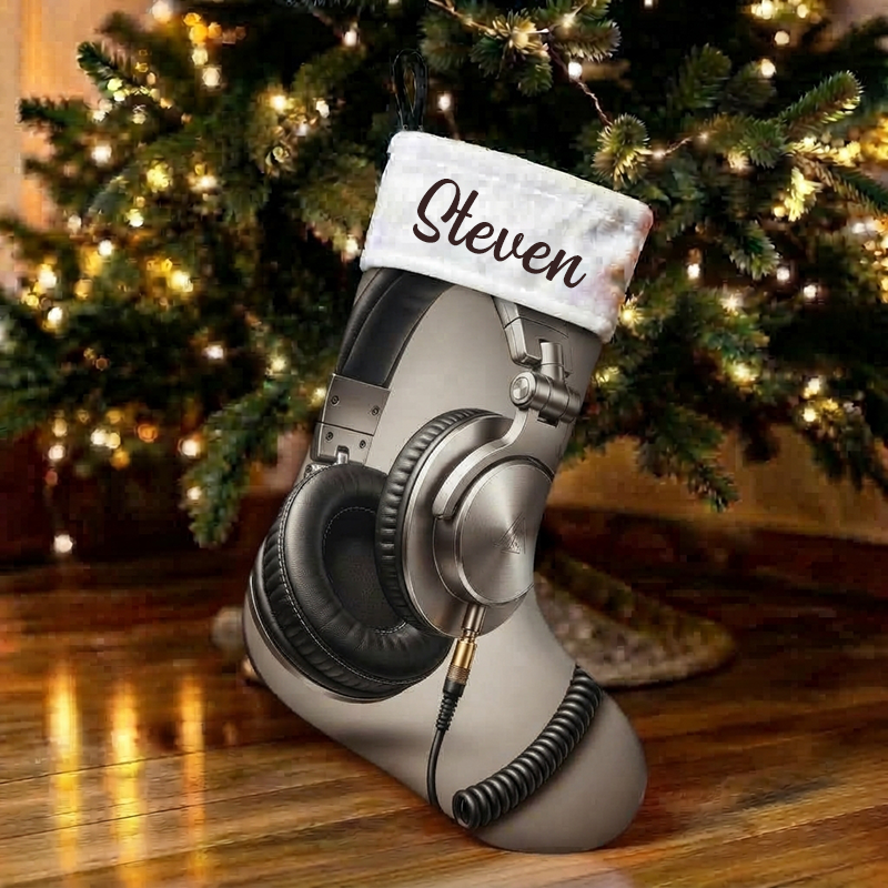 Personalized Studio Headphones Christmas Stocking, Custom Name DJ Over-Ear Headset Print Xmas Stocking with White Sherpa Cuff, Music Lover Christmas Hanging Decor Gift for Musician Producer