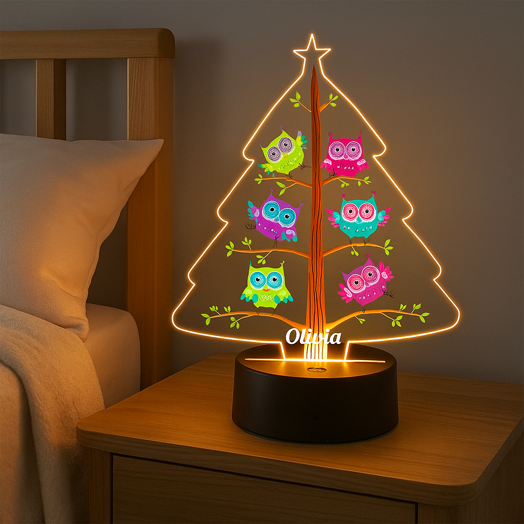 Personalized Cartoon Owl Christmas Tree Night Light Custom Name LED Night Light Children's Gifts Romantic Gifts for Christmas and New Year's Indoor Holiday Parties