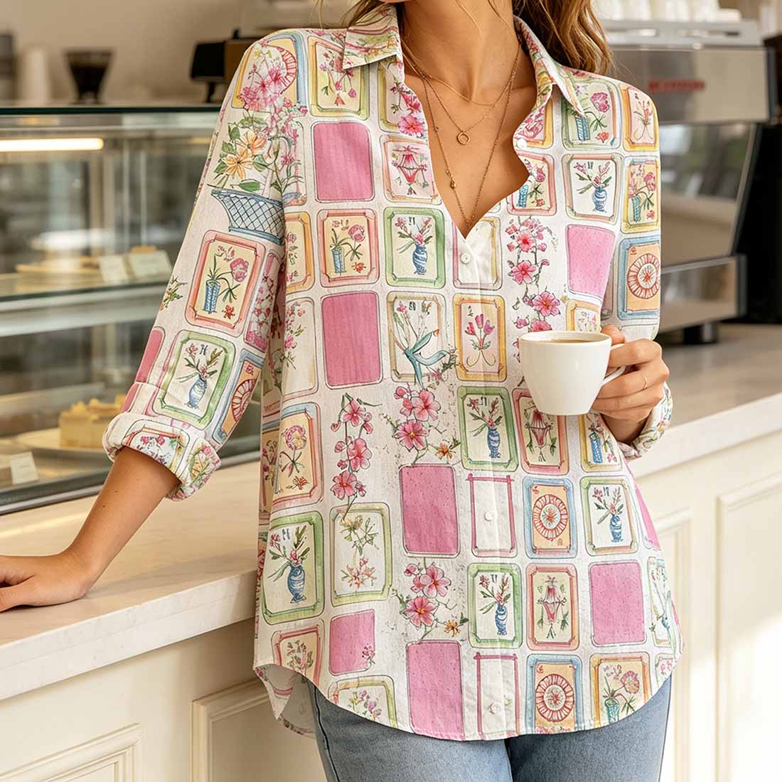Retro Mahjong Women Blouse Shirt Chinoiserie Pattern Button Down Asian Art Long Sleeve Shirt