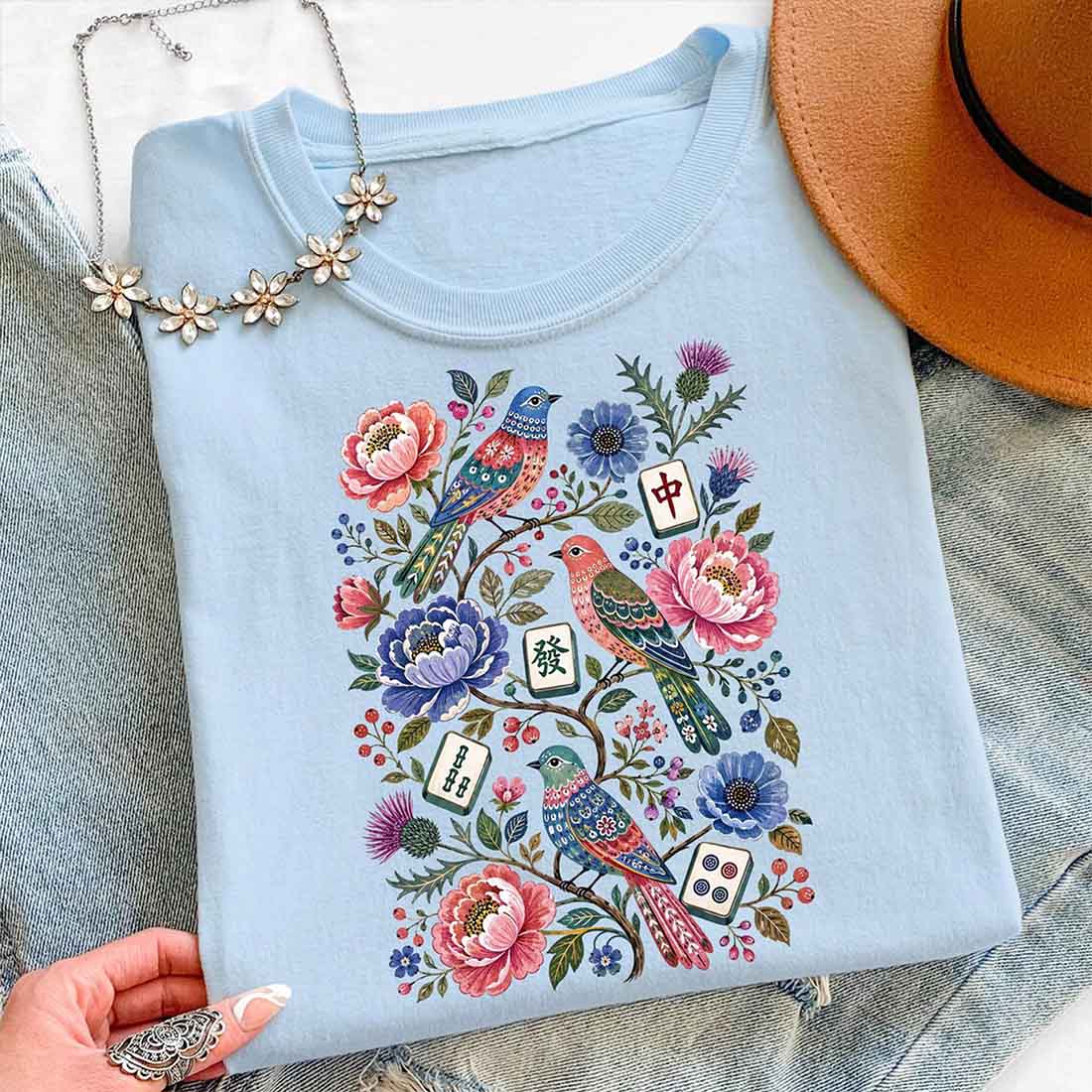 Mahjong Bird Floral Shirt Colorful Tile Game Tee