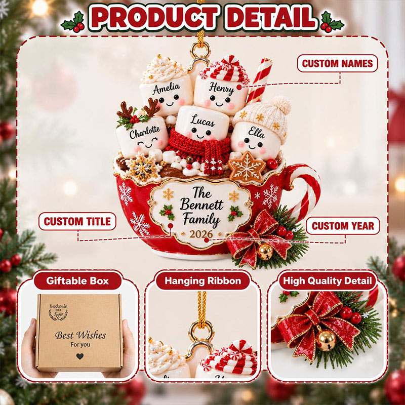 Personalized Family Christmas Ornament Hot Cocoa Marshmallow Keepsake Custom Name GIFT 2026 Holiday Tree Decor Family Gift for Parents